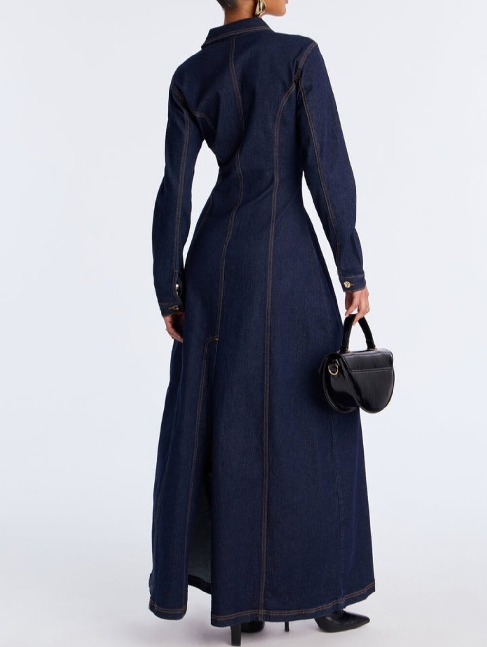 Dark Blue Denim Maxi Shirt Dress with Button Front - Picture 4 of 5